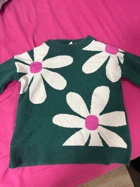 Gap Kids Green Floral Knit Sweater with Pink Centers